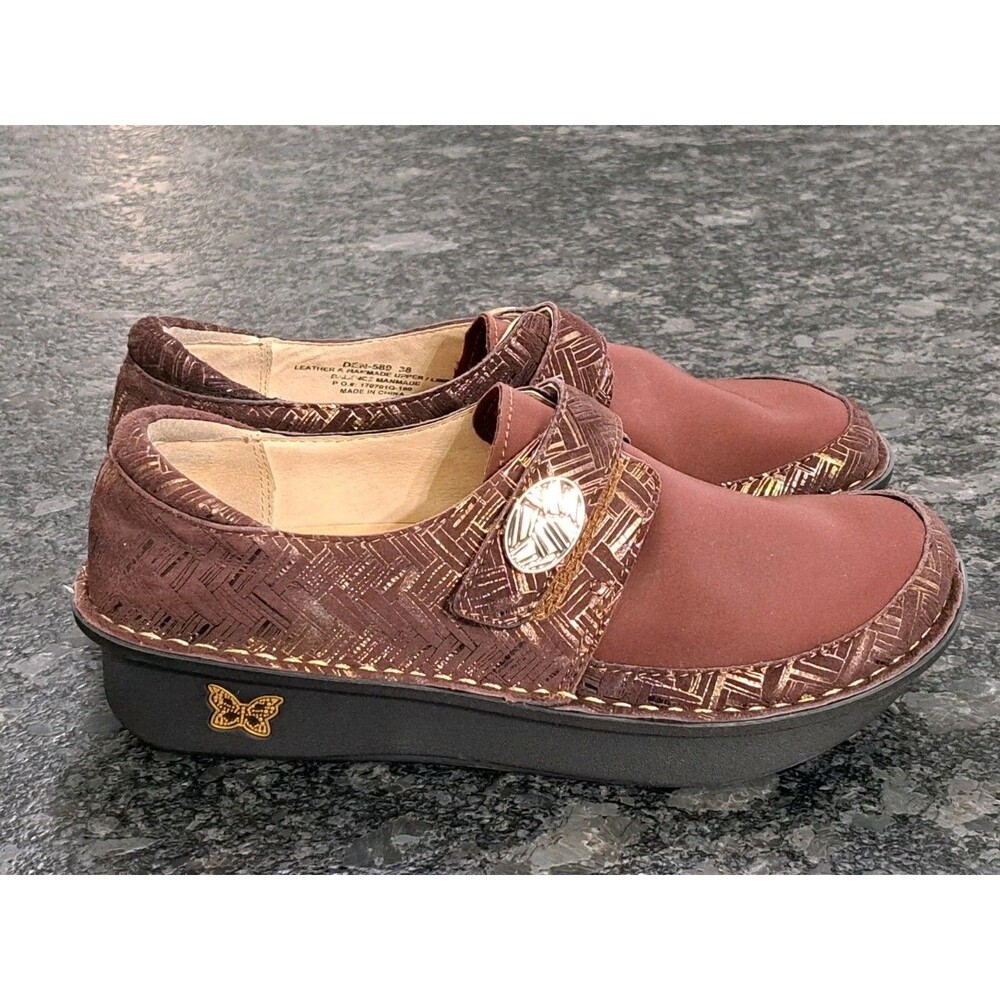 Alegria Womens Dena Size 38 Brown & Gold Slip On Dream Fit Shoe Clogs Adjustable